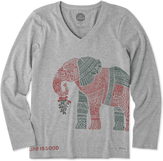 Women's Elephant Mistletoe Long Sleeve Crusher Vee - Life Is Good (570x570), Png Download