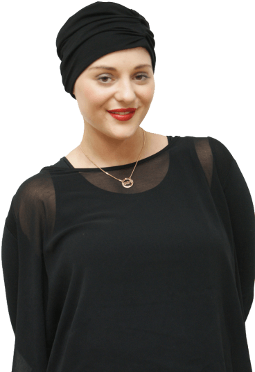 Black Turban For Hair Loss Worn With Evening Dress - Turban (369x550), Png Download