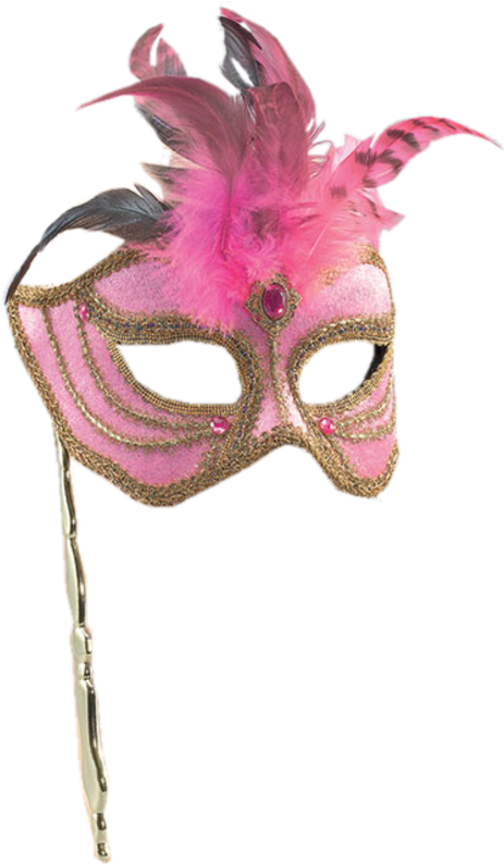 010 - Reserved - Pink And Gold Feather Masked Ball Eye Mask On Stick (500x793), Png Download