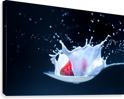 Strawberry With Milk Splash Isolated On Black Canvas - Photography (429x344), Png Download
