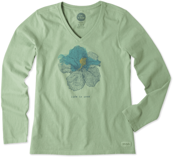 Women's Engraved Hibiscus Long Sleeve Crusher Vee - Floral Design (570x570), Png Download