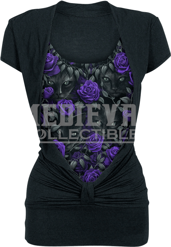 Black Cat And Purple Rose Knotted Top - Watchers - Allover 2in1 Gathered Knot Short Sleeve (850x850), Png Download
