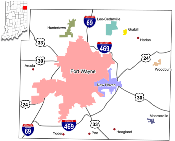Map Of Allen County, Indiana With Municipalities And - Indiana (600x496), Png Download