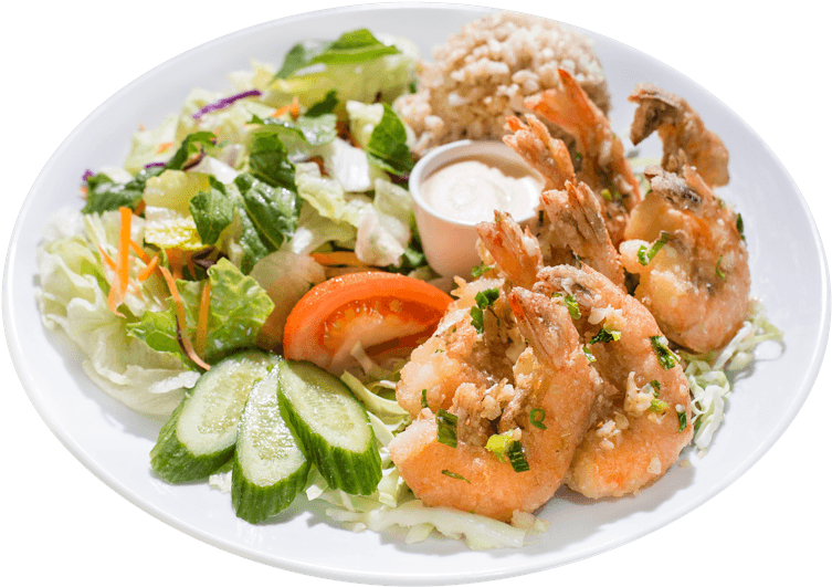 Garlic Shrimp With Salad, And Brown Rice - L&l Garlic Shrimp (800x620), Png Download
