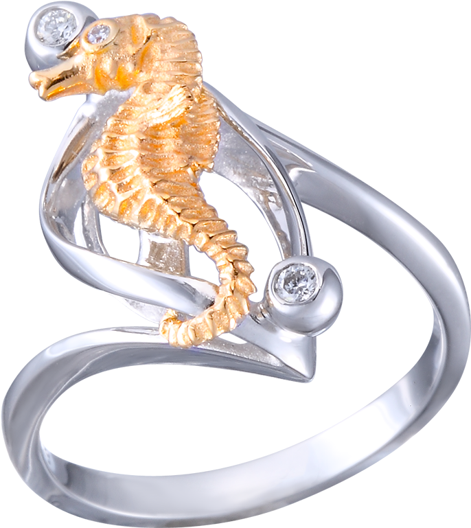 14k Two-tone Single Seahorse Ring With 3 Diamonds - Ring (1024x768), Png Download