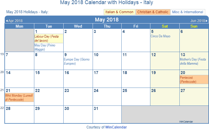 May 2018 Calendar With Italian Holidays As Image To - January 2019 Calendar With Holidays (720x451), Png Download