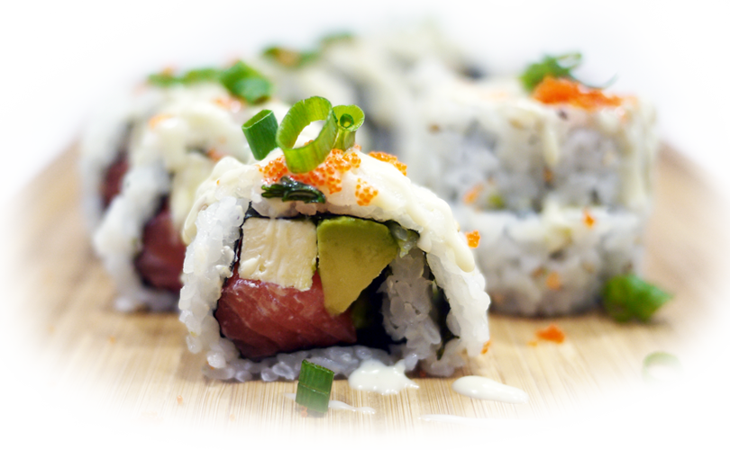 Salmon, Cream Cheese, Avocado, Masago, Teriyaki Sauce, - Spring Onion Sushi Rolls (810x500), Png Download