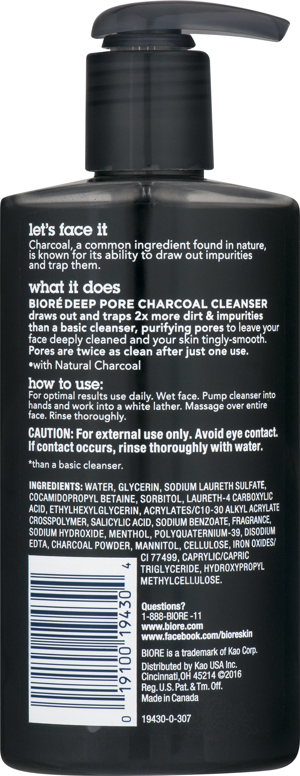 Biore Deep Pore Charcoal Cleanser For Oily Skin, - Biore Charcoal Face Wash Ingredients (968x2500), Png Download