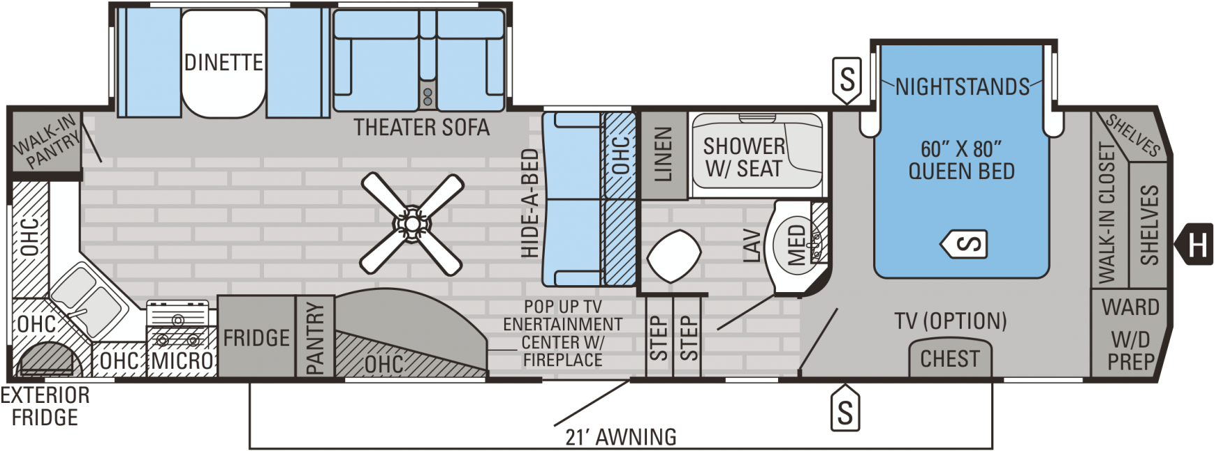 2016 Eagle Fifth Wheels 293rkds Floorplan - Floor Plan (1800x734), Png Download
