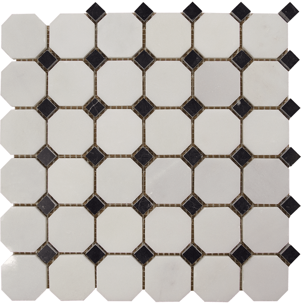 White Marble With Black Diamond Insert Ksd-6 - Mosaico Blanco Y Negro (1000x1007), Png Download