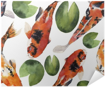 Watercolor Oriental Rainbow Carp With Water Lily Seamless - Watercolor Painting (400x400), Png Download