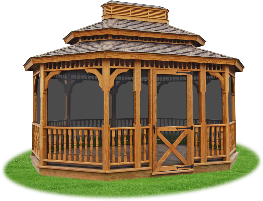 Screened In Wood Double Roof Oval Gazebo From Pine - Wood (1000x714), Png Download