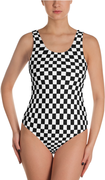 Black & White Checkered One-piece - Checkered Swimsuit One Piece (600x600), Png Download