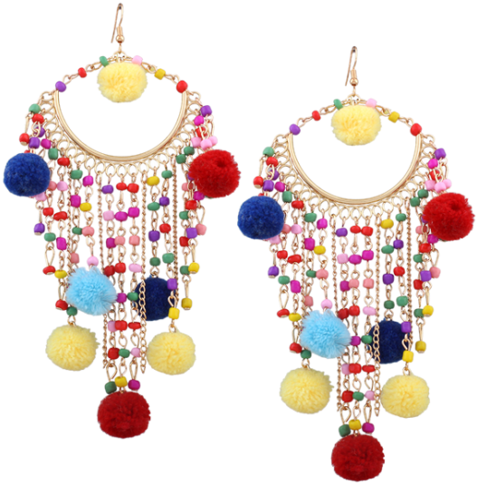 Fuzzy Ball Beaded Finged Tassel Earrings - Women Thread Tassle Fringe Goldtone Pearl Long Drop (558x744), Png Download