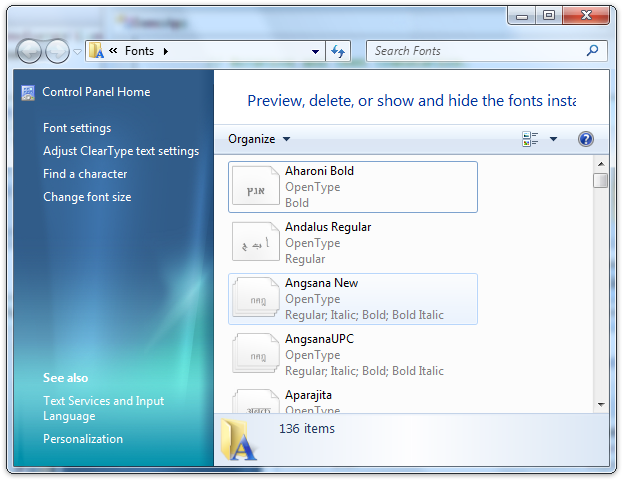 Screen Shot Showing The Font Control Panel In Windows - Windows 7 (672x523), Png Download