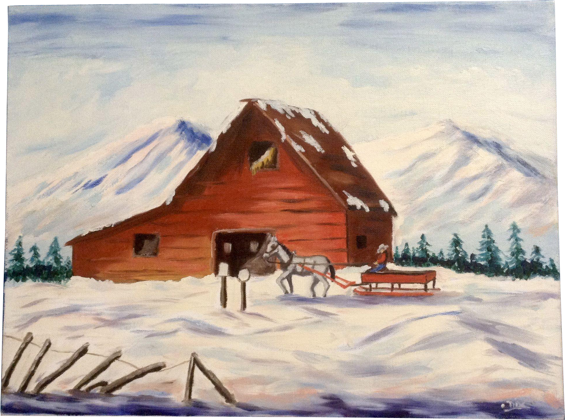 Dot Nix, Folk Art Barn In Winter Oil Painting On Canvas - Art (1945x1945), Png Download