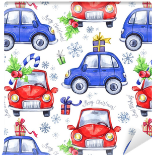 Watercolor Seamless Pattern With Cartoon Holidays Cars - Illustration (400x400), Png Download