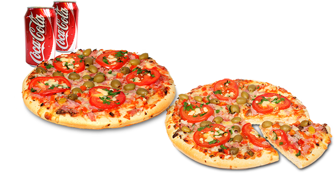 2 Pizzas Moyennes 4 Garnitures 2 Canettes - Pizza Y Soda Png (663x402), Png Download