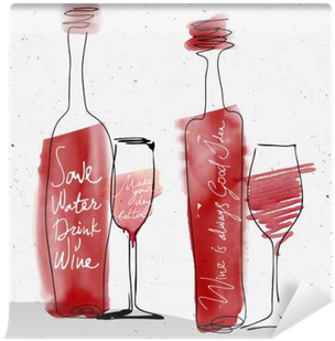 Wine Glass And Bottle, Red Watercolor Sketched Silhouette - Watercolor Painting (400x400), Png Download