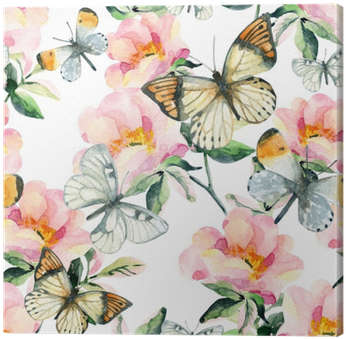 Watercolor Briar Flowers And Butterfly Seamless Pattern - Watercolor Painting (400x400), Png Download