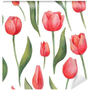 Seamless Watercolor Tulips Pattern On White Background - Rotes Tulpe-muster Kissen (400x400), Png Download