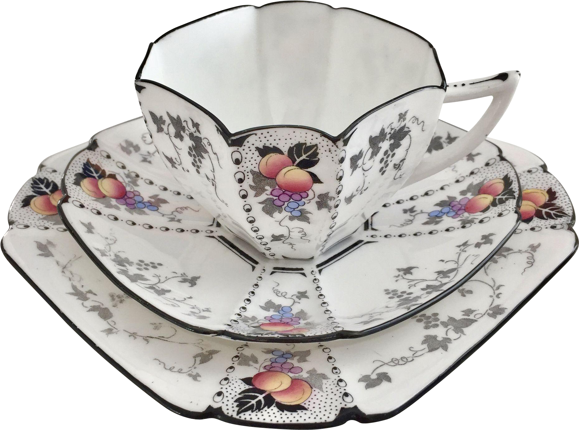 Shelley Art Deco Teacup Trio, Peaches And Grapes Pattern (1851x1851), Png Download