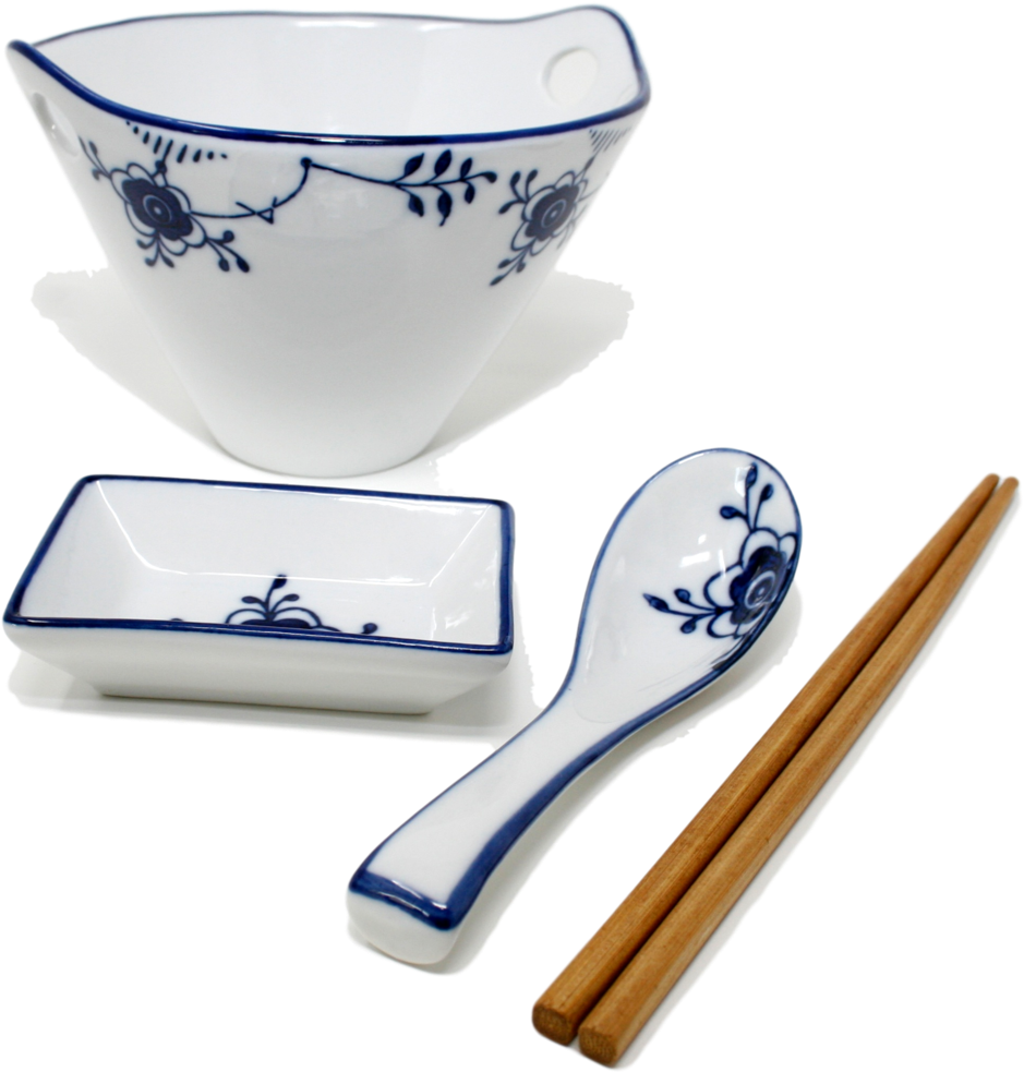 Umami Tableware Blue And White Porcelain Ramen Bowl - Chopsticks And Bowl Set (980x1024), Png Download