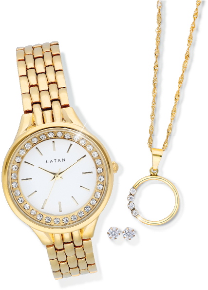 Latan Ladies Gold Watch With Circle Cubic Zirconia - Watch (600x600), Png Download