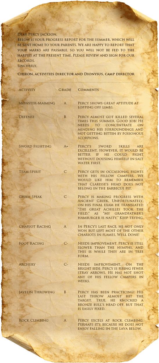 Percy's Progress Report - Percy Jackson Schedule (575x1267), Png Download