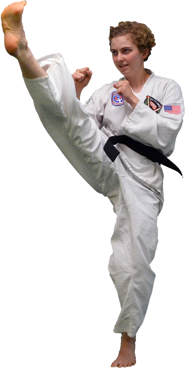 A Black Belt Teenage Girl Performing A Front Kick - Taekwondo (800x1600), Png Download