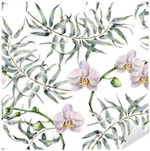Watercolor Tropic Pattern With Eucalyptus And White - Watercolor Pattern With Eucalyptus Hand Painted Ornament (400x400), Png Download