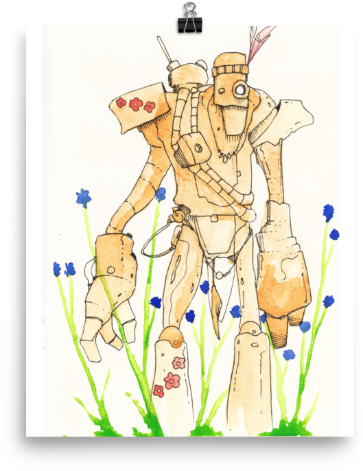 Orange Space Hippie Robot With Blue Flowers Poster - Blue (1000x1000), Png Download