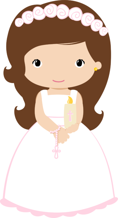 Girl With Candle And Rosary - First Communion Girl Clipart (408x750), Png Download