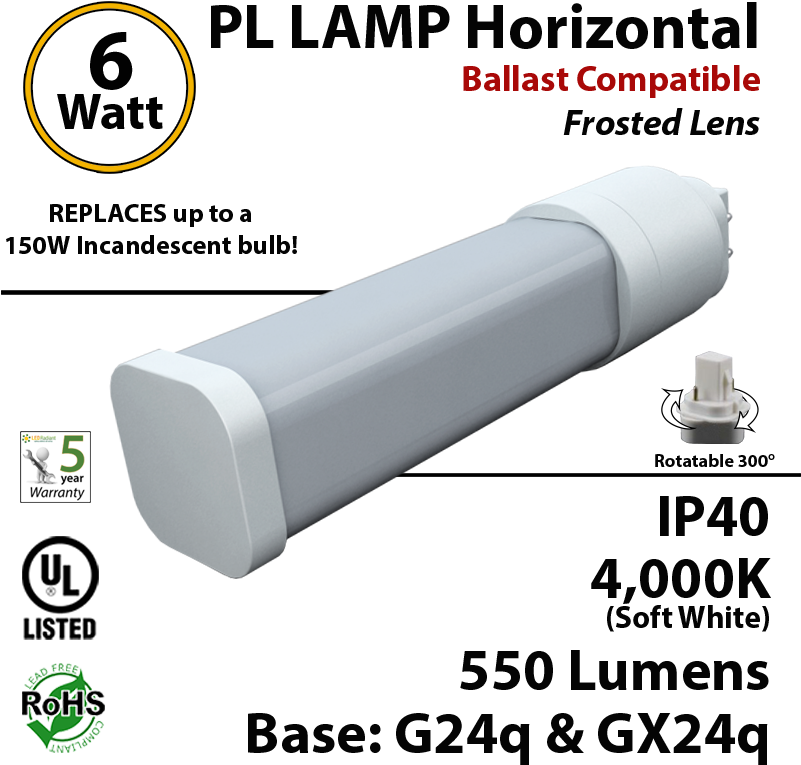 6w Pl Led Lamp 550lm 4000k Frosted Lens G24q Ip40 Ul - C Ul Us (800x804), Png Download