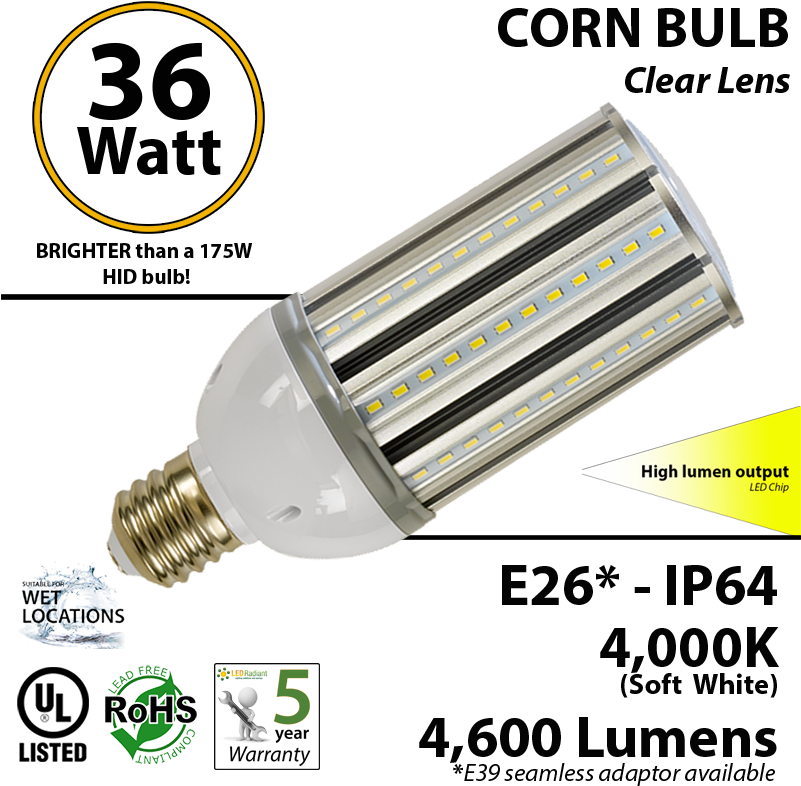 36 Watt Led Corn Bulb 175w Replacement Light 4000k - 36w Led Bulb (800x807), Png Download