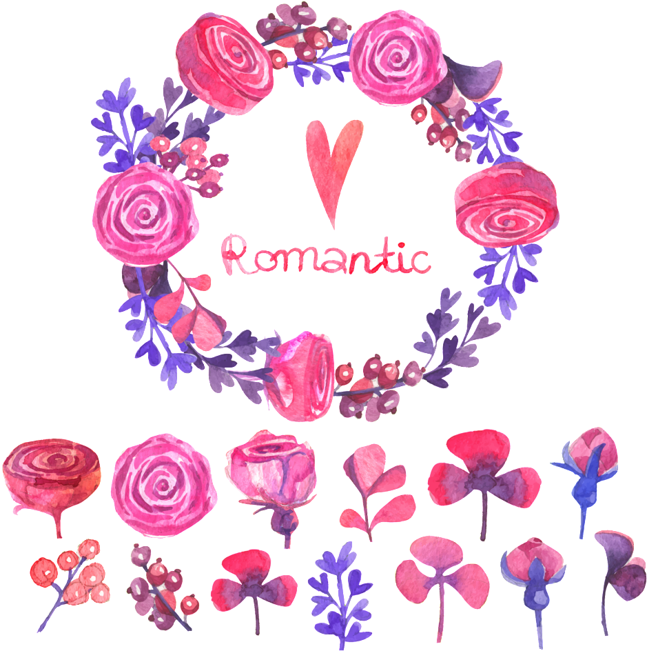 Romantic Rose Hand Drawn Wreath Decorative Element - Flower (1024x1024), Png Download