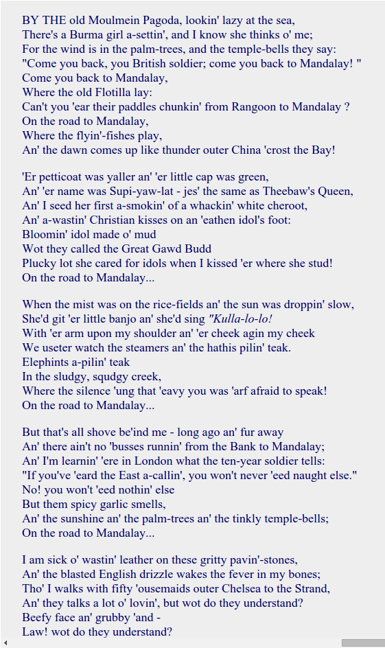 Mandalay By Rudyard Kipling - Road To Mandalay Poem (560x1223), Png Download