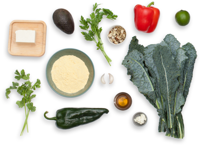 Queso & Pepper Arepas With Kale-avocado Salad & Chimichurri - Avocado Salad (700x477), Png Download