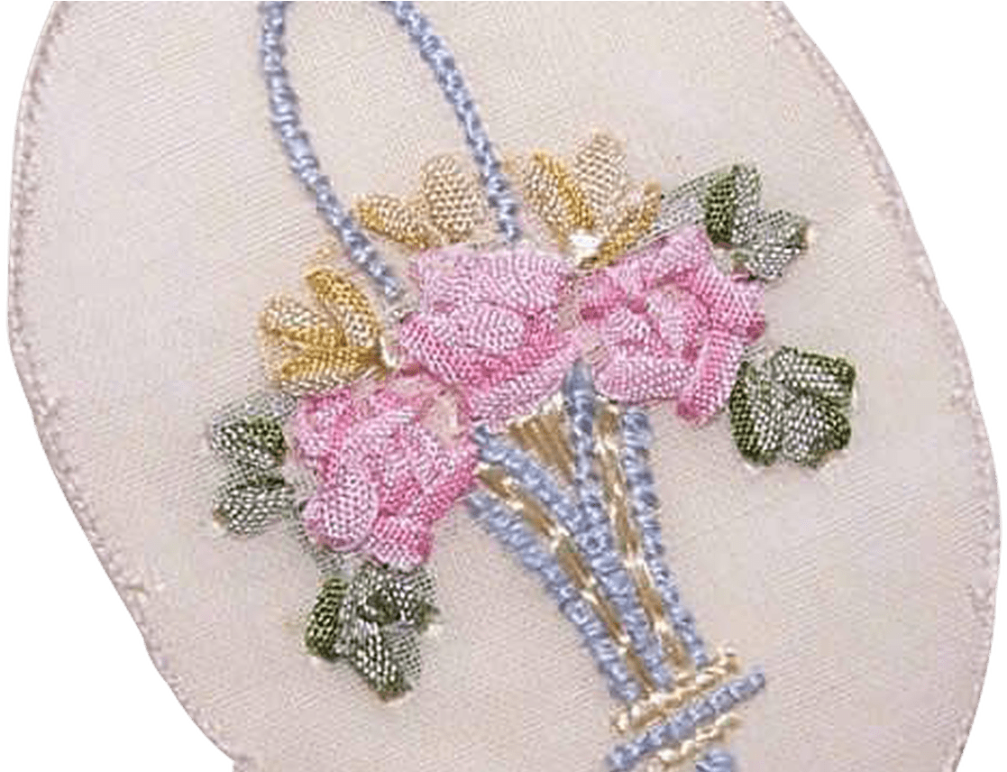 Vintage French Silk Ribbon Applique Basket Of Flowers - Cross-stitch (1368x855), Png Download