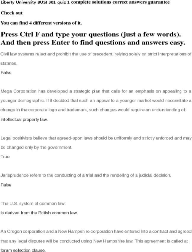 Liberty University Busi 301 Quiz 1complete Solutions - Worksheet (850x1100), Png Download