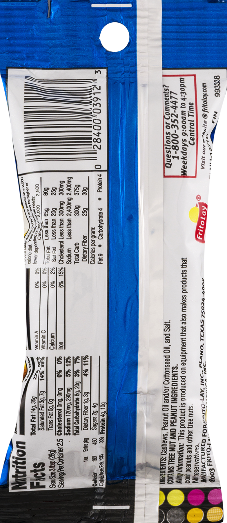 Frito Lay Whole Cashew, Salted - 2.5 Oz Packet (783x1800), Png Download