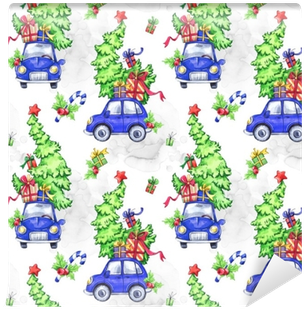 Watercolor Seamless Pattern With Cartoon Holidays Cars, - Photograph (400x400), Png Download