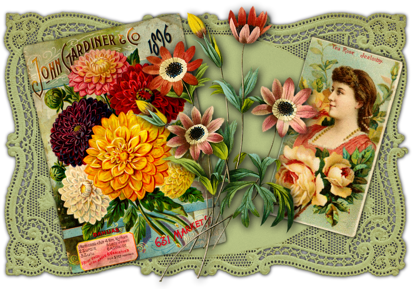 This Calendar Featured Collages Using Covers From Old - Giclee Painting: John Gardiner And Co. 1896: Dahlias, (1680x1160), Png Download