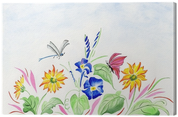 Watercolor With Flowers And Dragonfly Canvas Print - Bird Of Paradise (400x400), Png Download