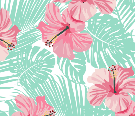 Hibiscus Tropical Flowers Floral On Teal Fabric By - Floral Tropical (470x403), Png Download