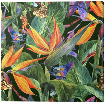 Tropical Seamless Pattern With Exotic Flowers Canvas - Birds Of Paradise Print (400x400), Png Download