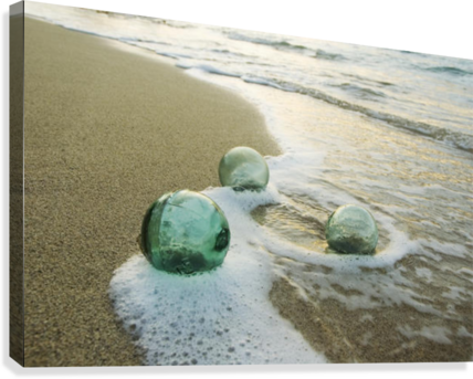 Three Glass Fishing Floats Roll On The Sandy Shoreline - Glass Japanese Fishing Floats (428x343), Png Download