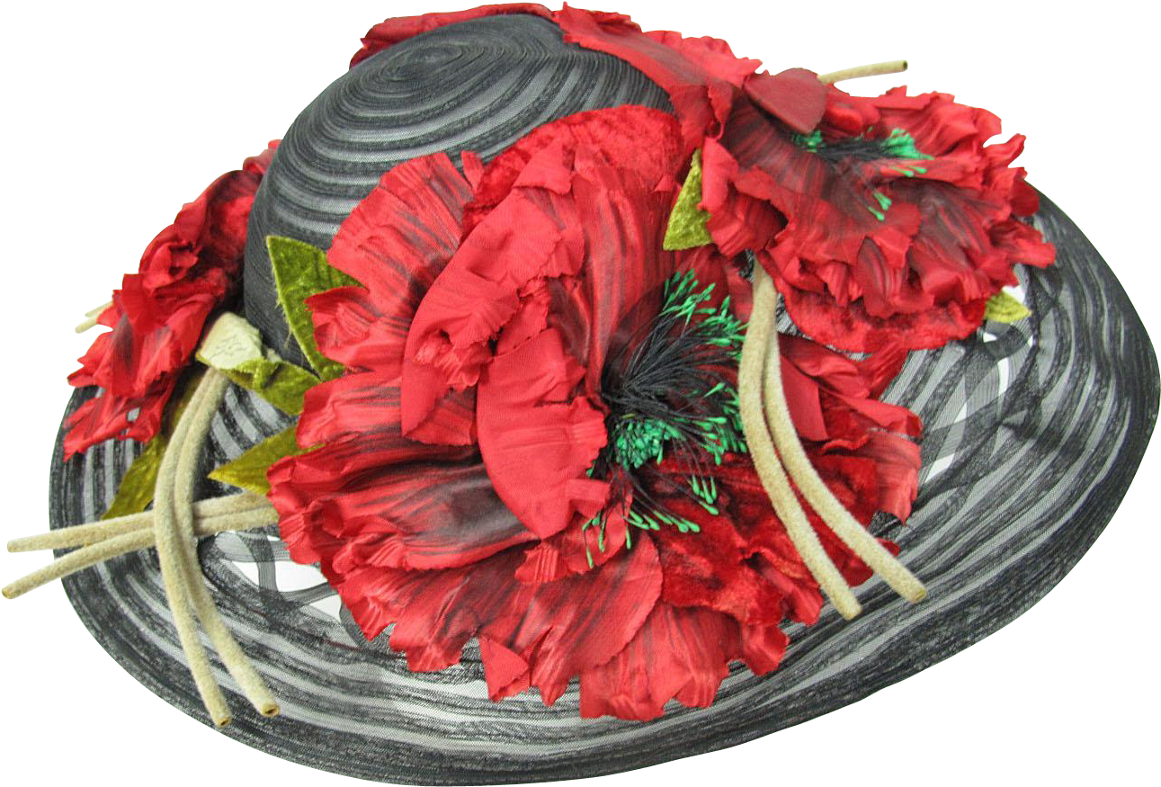1930's Vintage Black Woven Wide Brimmed Horsehair Hat - Poinsettia (1290x1290), Png Download