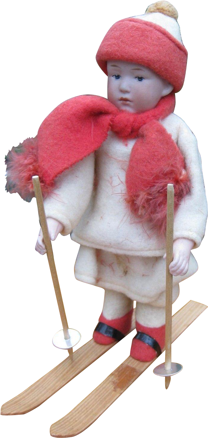 Antique German Heubach Bisque Doll On Skis Christmas - Nordic Skiing (1456x1456), Png Download