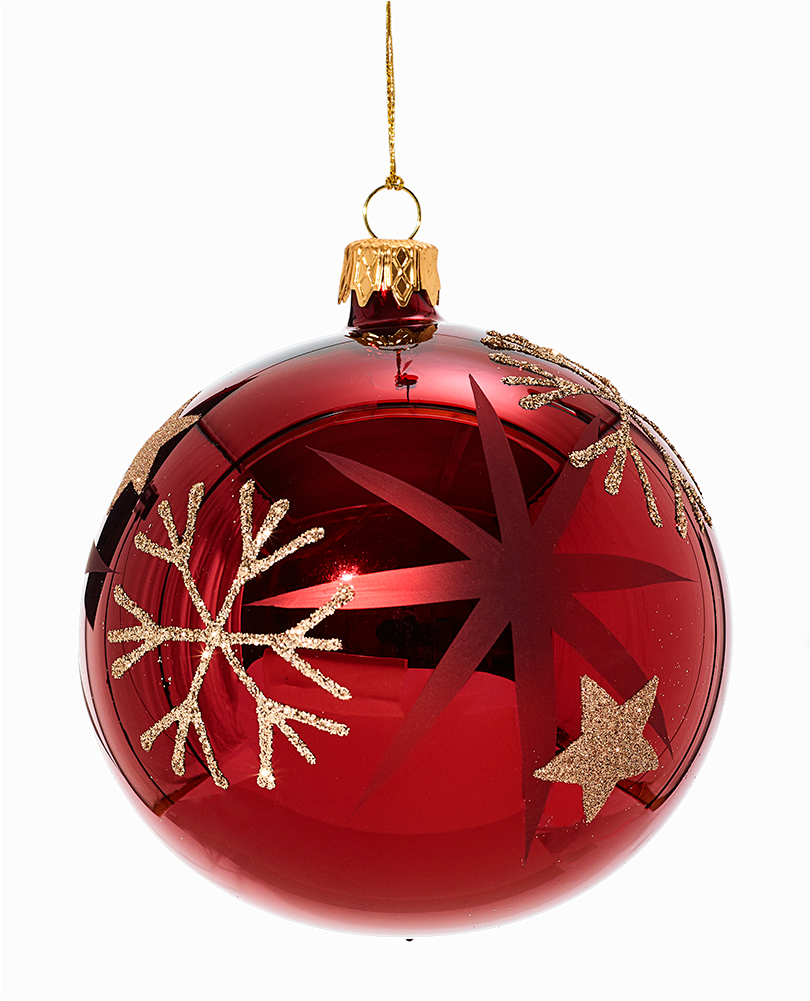 Glass Bauble Red With Golden Stars And Flakes, 10cm - Christmas Ornament (1000x1000), Png Download